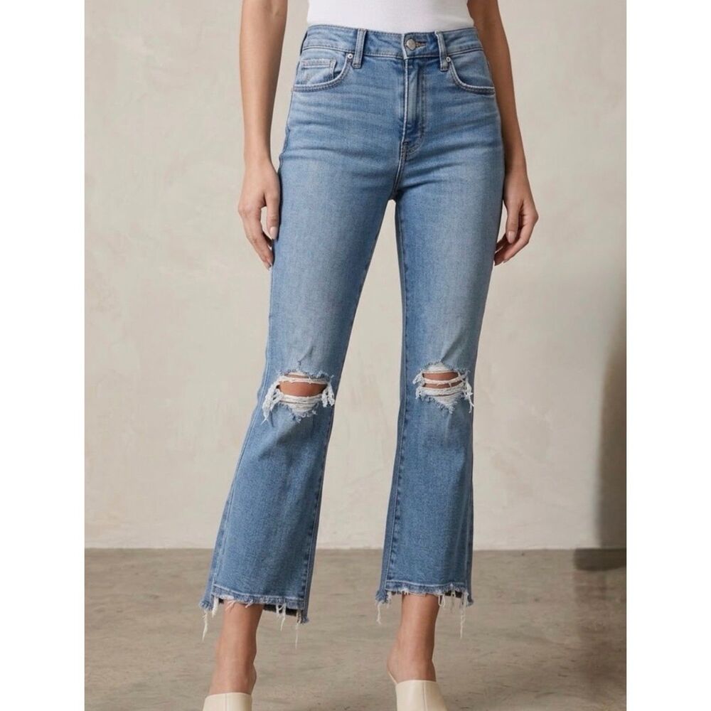 Good American good legs crop mini boot jeans medium wash frayed hem sz 4/27